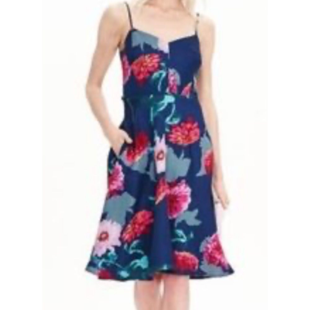 New Banana Republic Blue Floral Midi Dress Fit & Flare Womens 8 Boho Linen blend